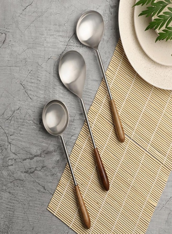 VarEesha Hand Crafted Wooden Handles Matt Steel Serving Spoons Set of Three | Elegant Lead Free Stainless Steel Server Set for Dinner| Serving Spoons for Dining Table| Cutlery for Gifting - Image 1